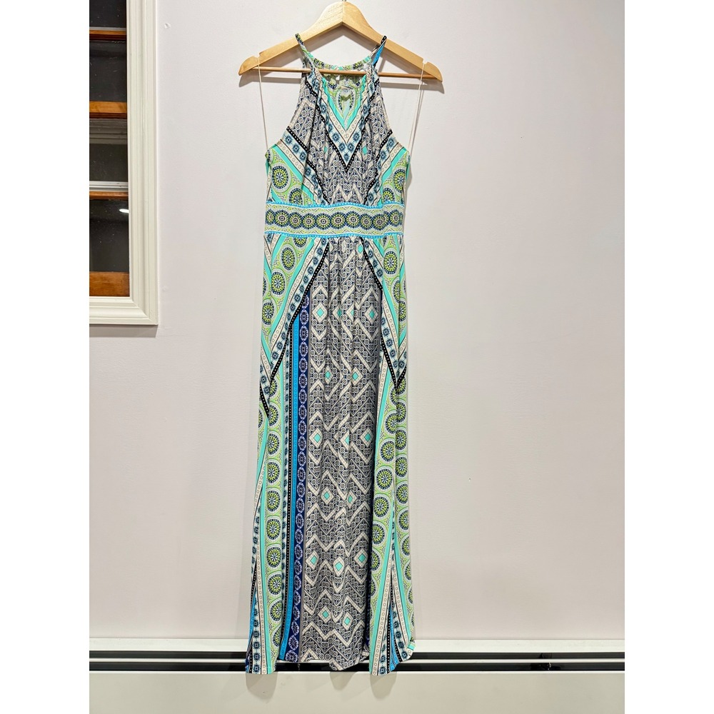 London Times Blue Green Geometric Medallion Halter Maxi Dress Womens 6
